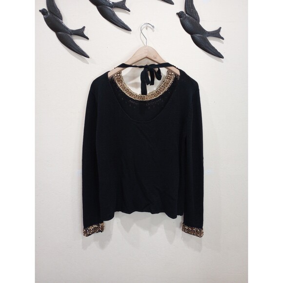 Maje Black Sweater With Gold Chain Collar and Cuffs ~ Size 2 / M - Picture 3 of 9